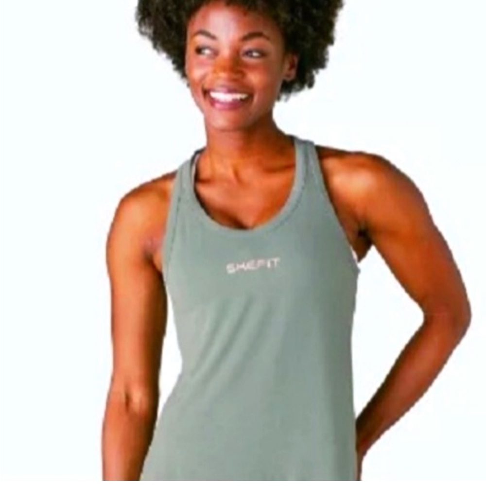 SHEFIT NWT Peekaboo Tank Top Green Silver Sage Racerback Athletic Mesh Back Bra